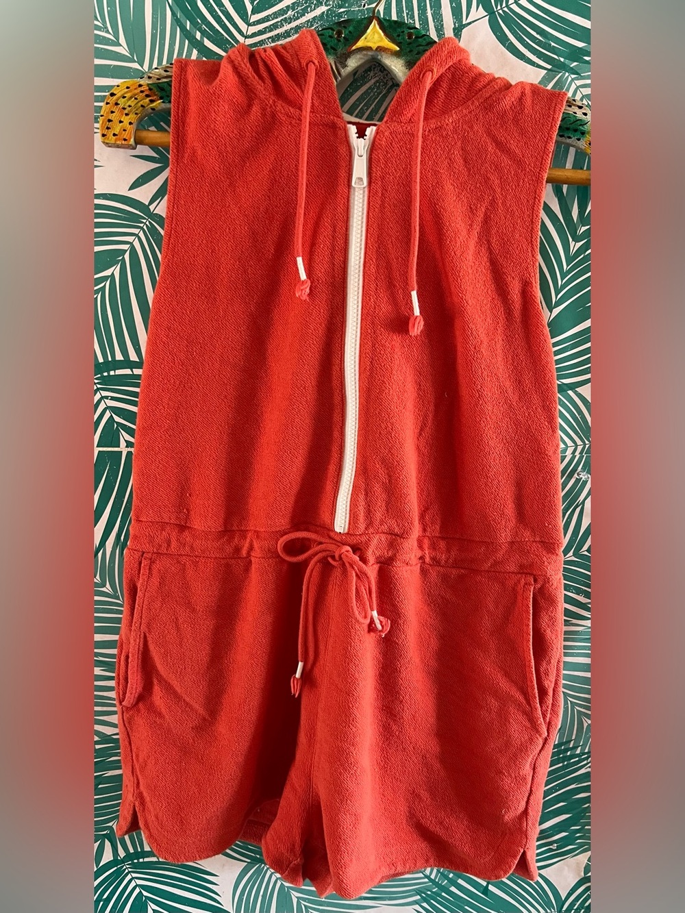 United By Blue Coral Red Hooded Terry Romper w/ Drawstring Waist Sz S organic